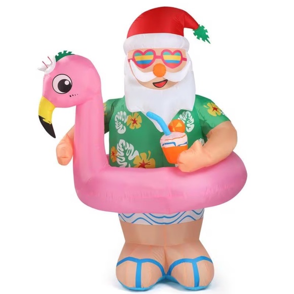 Inflatable Light Up Festive Tropical Santa Pink Flamingo Pool Float Lawn Decor - Picture 1 of 9